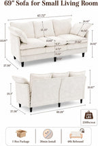 KYJ 69 Inch Small Sofa, 3-Seater Loveseat Couch with Cloud 2 Layer Cushion, 22.8" Deep Seat, Oversized Pillows, Chenille Fabric, Compact for Small Spaces,Apartment, Living Room, Studio, Office, Beige