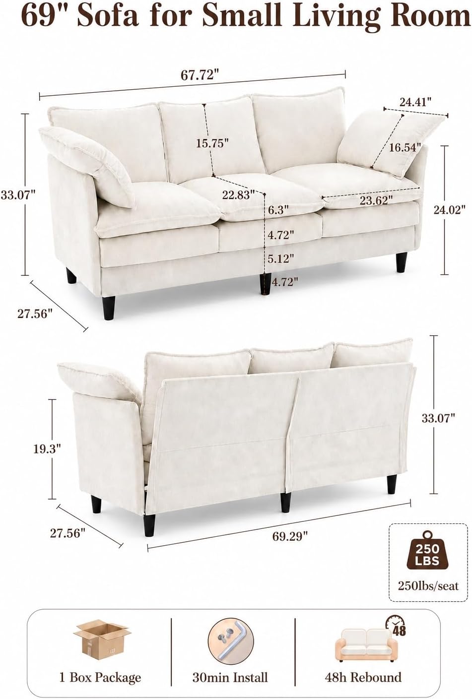 KYJ 69 Inch Small Sofa, 3-Seater Loveseat Couch with Cloud 2 Layer Cushion, 22.8" Deep Seat, Oversized Pillows, Chenille Fabric, Compact for Small Spaces,Apartment, Living Room, Studio, Office, Beige
