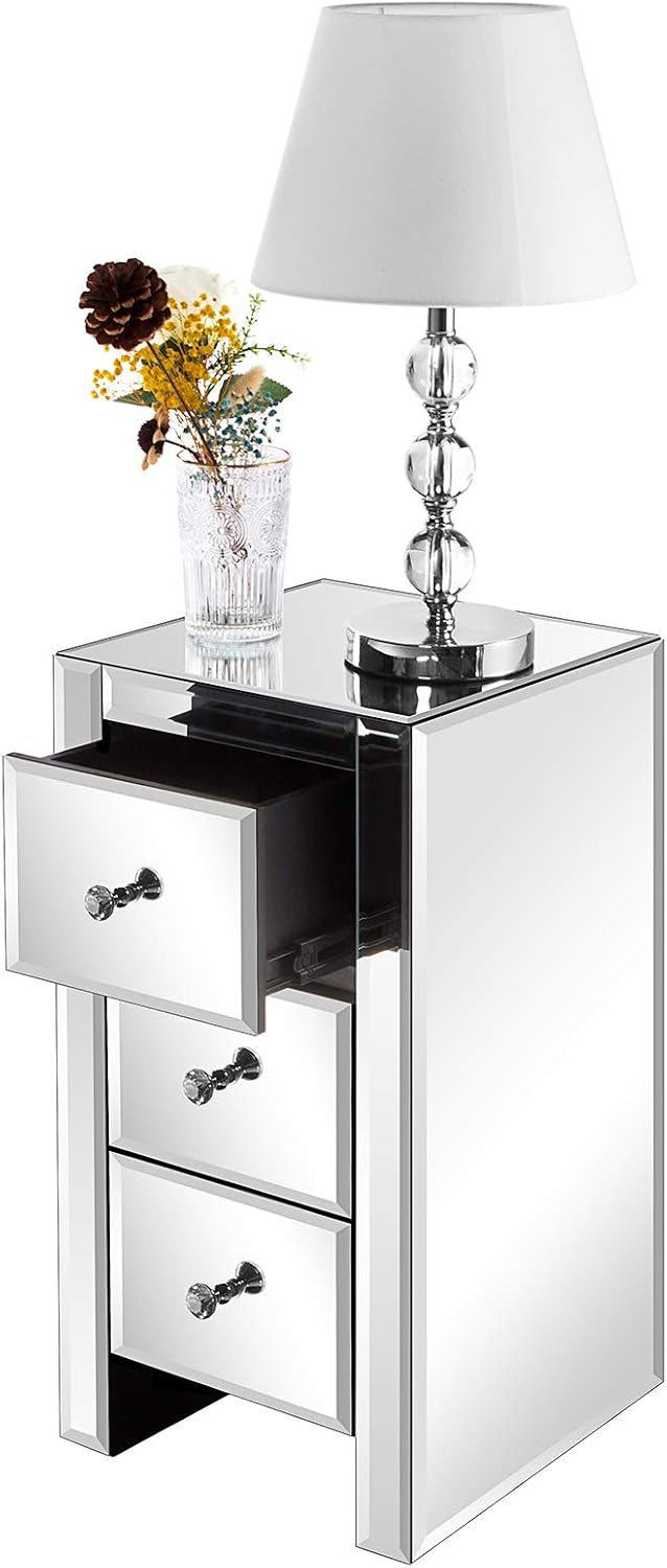 3 Drawer Mirrored Nightstand, Silver Glass Bedside Table with Crystal Knobs, Fully Assembled End Table for Bedroom, Living Room, Glam Accent Furniture, 11.8" x 11.8" x 23.6"