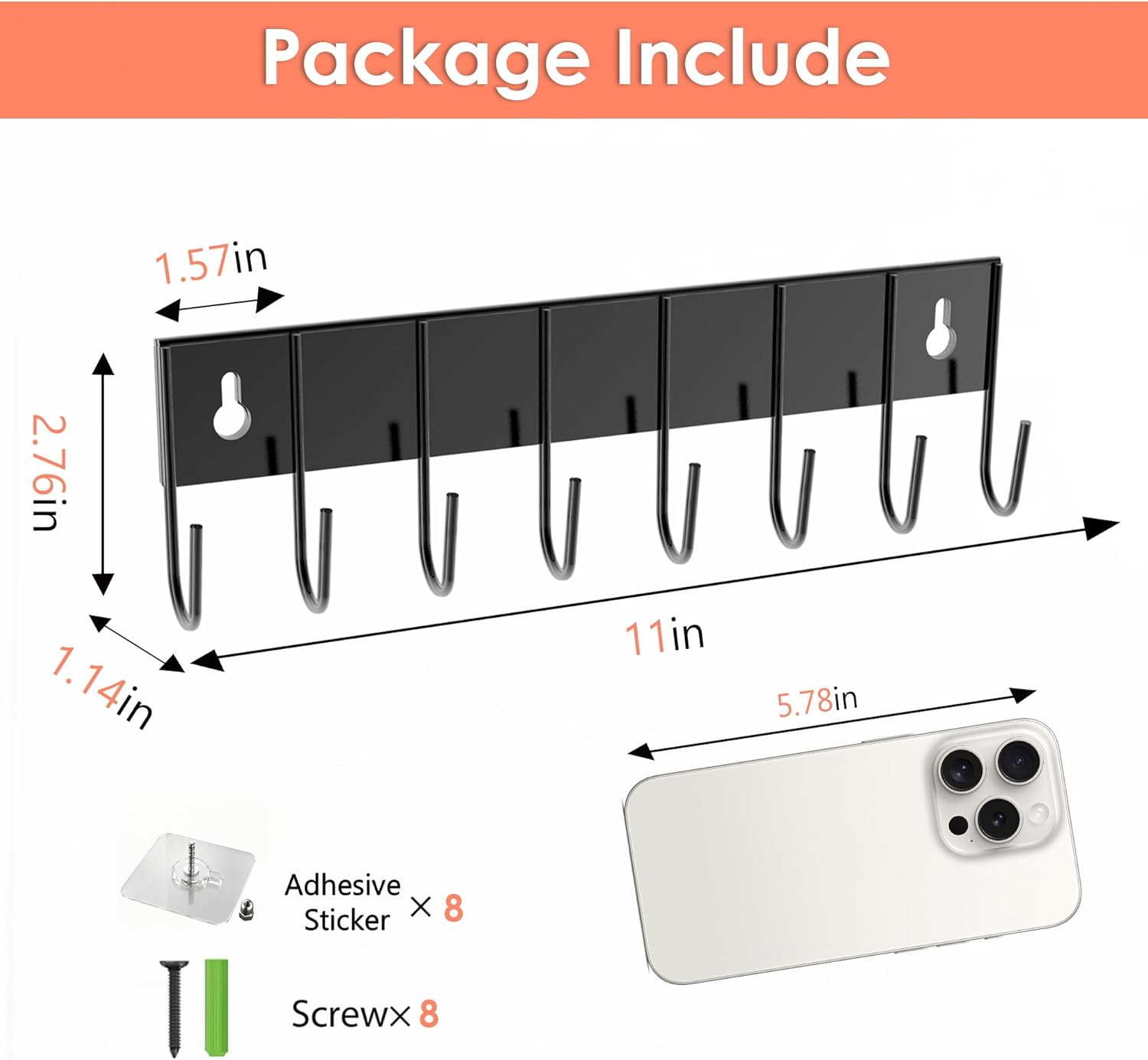 Magnetic Key Holder with 8 Hooks for Fridge Key Hanger Organizer for Wall Mount with 8 Self-Adhesive Sticker No Drilling Required Metal Key Rack for Door, Bathroom, Kitchen,Garage (4, Black)