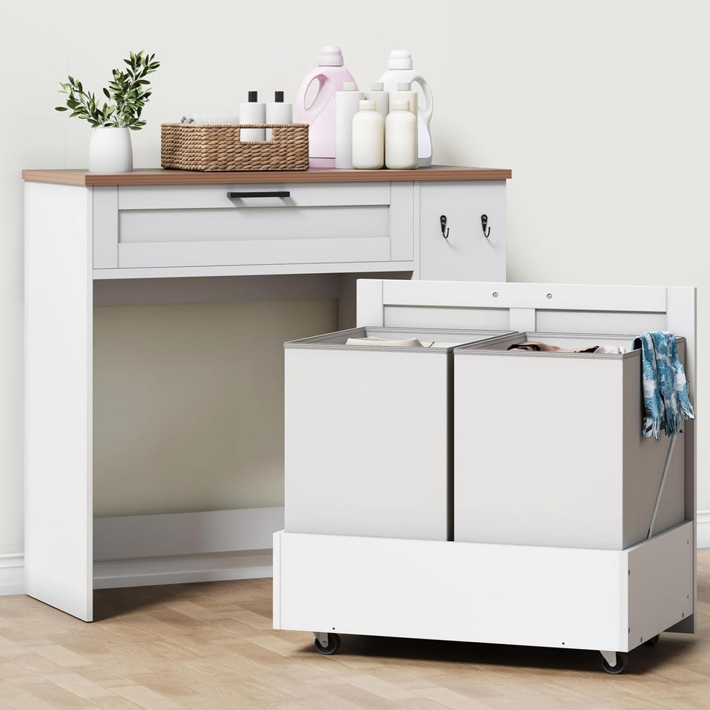 Laundry Hamper Cabinet, Double Laundry Cabinet with Two 11 Gallon Baskets and Drawer, Pull-Out Storage Unit with Adjustable Shelves, Hooks, for Bathroom, Living Room, Kitchen, White and Walnut