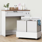 Laundry Hamper Cabinet, Double Laundry Cabinet with Two 11 Gallon Baskets and Drawer, Pull-Out Storage Unit with Adjustable Shelves, Hooks, for Bathroom, Living Room, Kitchen, White and Walnut