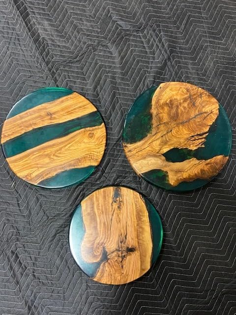 Handcrafted Olive Wood and Walnut Nesting Tables with Resin Inlay, Round Tops, Hairpin Legs, Set of 3 (Green, Olive)
