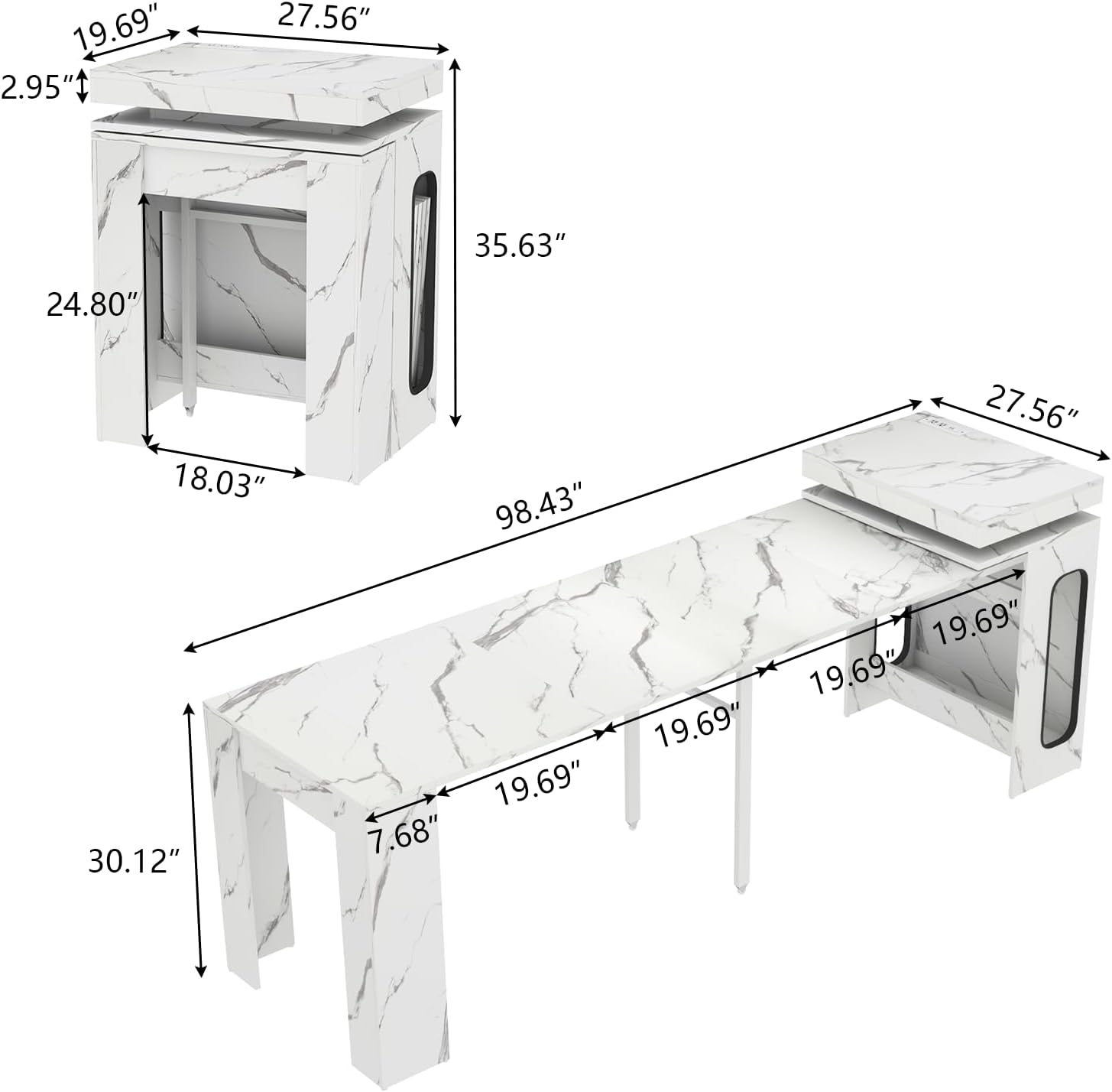 Extendable Dining Table with Charging Station, Convertible Folding Console Table for 6-8 People, Space-Saving Dining Table with LED Lights, Wood Rectangle Kitchen Table, Marble White (No Chairs)