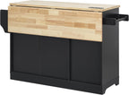 Merax 59.3" Black Kitchen Island with Storage, 2 Pull Out Cabinet Organizers & Rubber Wood Drop Leaf, Rolling Island Table with Trash Can Storage, Power Outlet, Spice & Towel Rack for Kitchen Dining