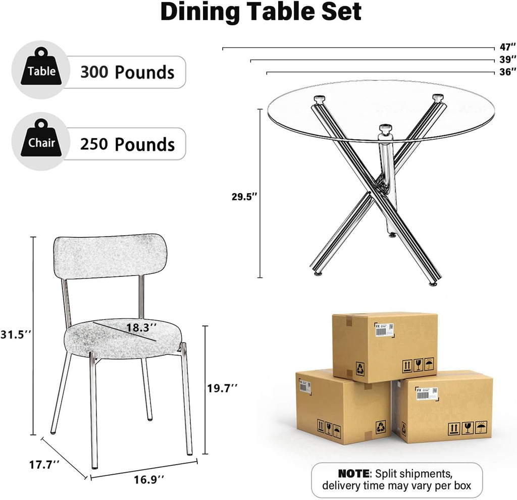 Gold Round Glass Dining Table Set for 4, 36'' Small Modern Kitchen Table Set with 4 White Gold Boucle Upholstered Dining Chairs, 5 Piece Luxury Dining Room Set, Easy Assemble