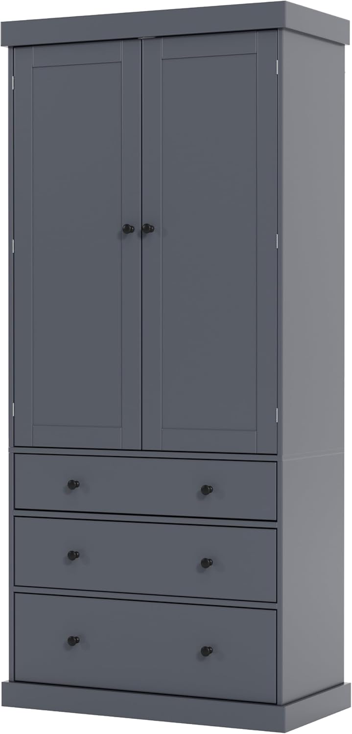 Farmhouse Tall Kitchen Pantry Cabinet with Adjustable Shelves, Freestanding Wood Cupboard with 8 Door Shelves and 3 Drawers for Kitchen, Dining Room (Gray)