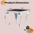 22.8 Inch Glass End Table, Modern Small Square Side Table with Black Tempered Glass Top and Silver Stainless Steel Legs, for Living Room, Bedroom, Apartment