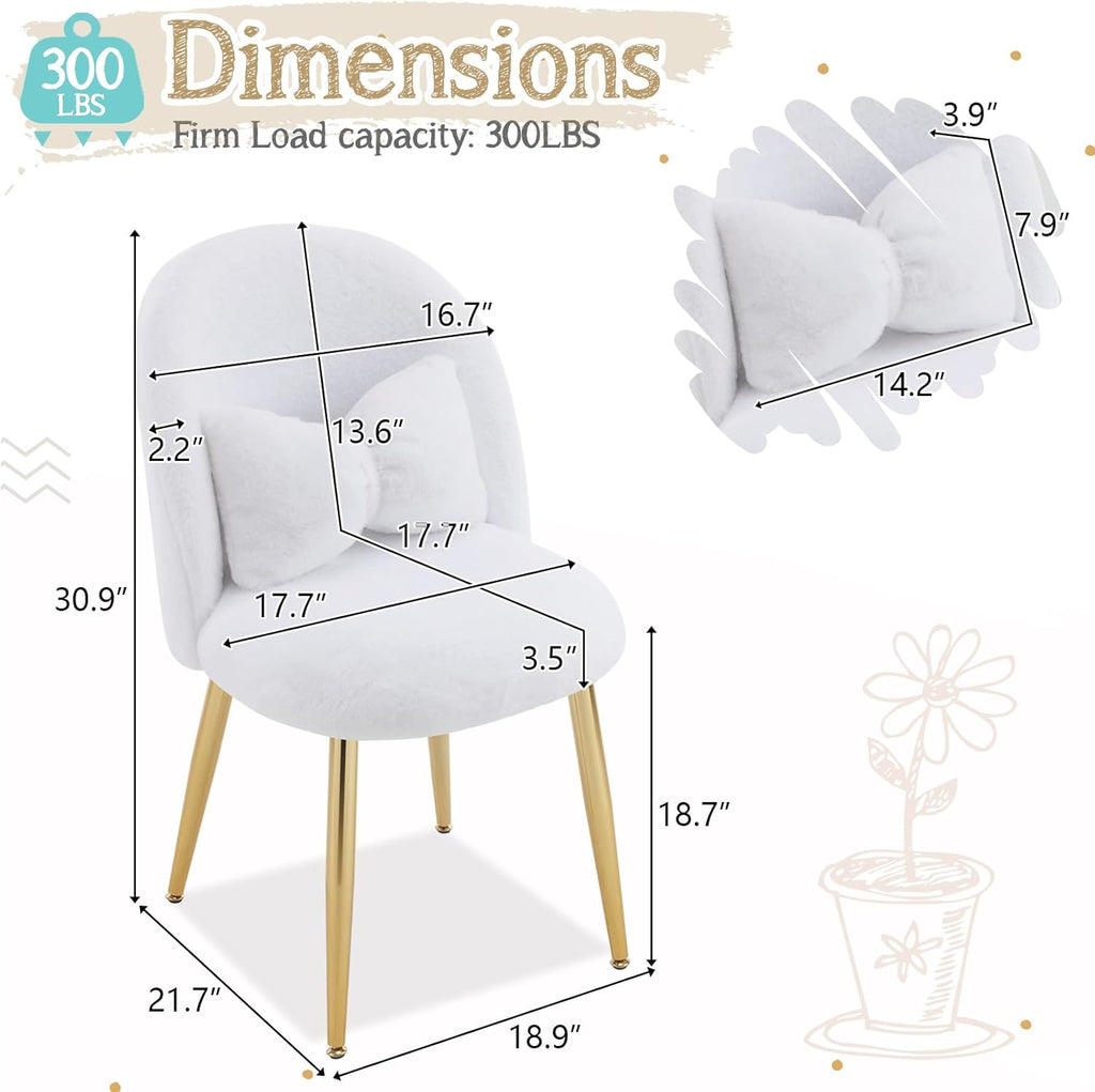 VINGLI Fluffy Girls Vanity Chair with Back & Pillow,Cute Small Cozy Desk Chair No Wheels,Comfy Makeup Ch with Ajustable Gold Legs,for Bedroom,Living Room,Small Space,White