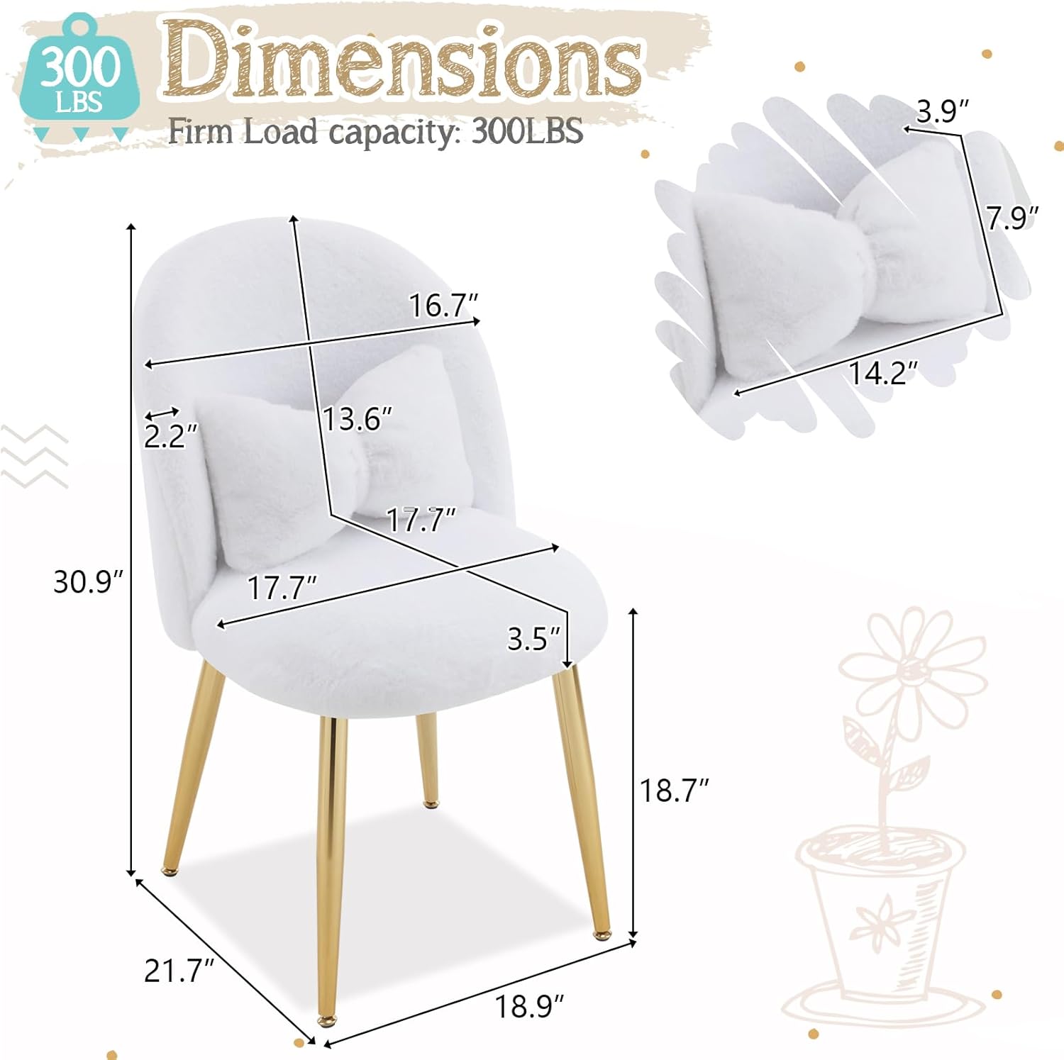 VINGLI Fluffy Girls Vanity Chair with Back & Pillow,Cute Small Cozy Desk Chair No Wheels,Comfy Makeup Ch with Ajustable Gold Legs,for Bedroom,Living Room,Small Space,White