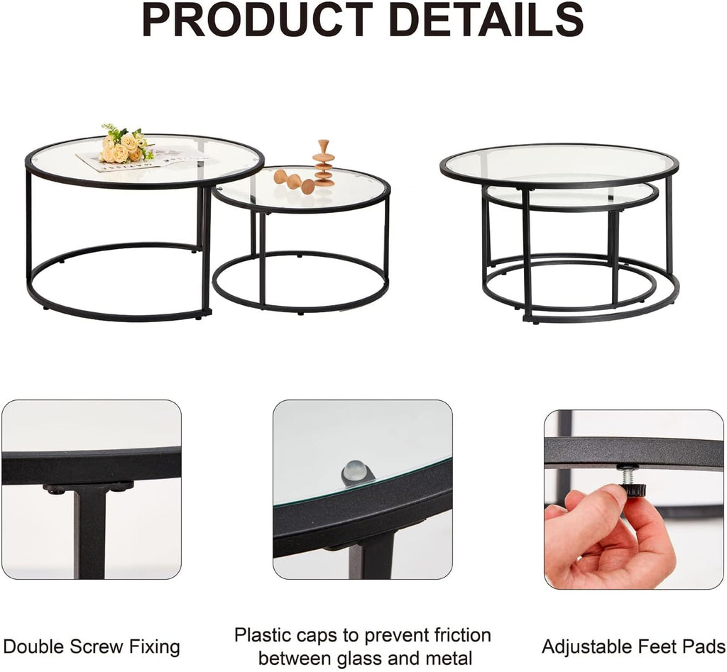 Modern Nesting Glass Coffee Table Set of 2, Round Tempered Glass Coffee Table for Living Room & Bedroom, Space-Saving Design with Adjustable Feet (Large Size + Black Frame)