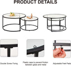 Modern Nesting Glass Coffee Table Set of 2, Round Tempered Glass Coffee Table for Living Room & Bedroom, Space-Saving Design with Adjustable Feet (Large Size + Black Frame)