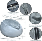 Bean Bag Chair Cover, Stuffed Animal Storage, Plush Toys Organizer Holder, Beanbag Chairs Cover for Kids Teans and Adults Super Soft and Comfortable Fabric X-Large with Handle and Zipper -Round Grey