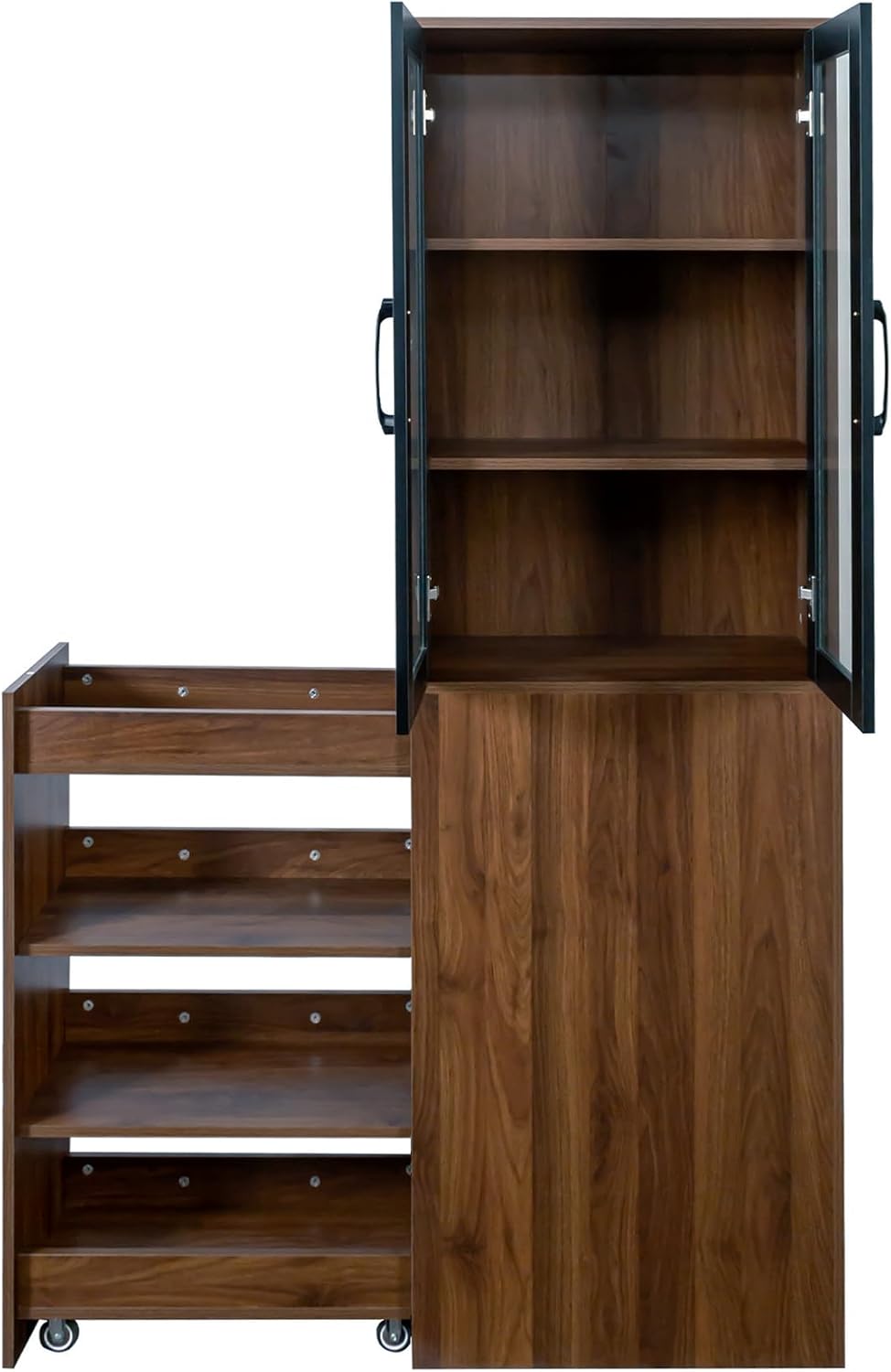 LUMISOL Tall Kitchen Pantry Cabinet with 4 Tier Pull-Out Storage Shelf, Kitchen Hutch Wooden Tall Bookshelf with 2 Glass Doors, Modern Display Storage Cabinet for Living Room Dining Room, Walnut