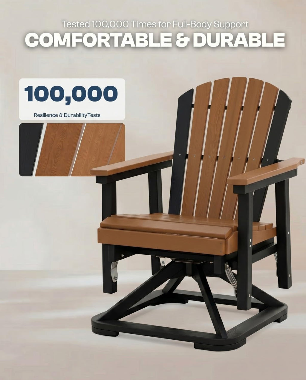 HDPE Swivel Glider Chair Outdoor, Weather Resistant Adirondack Outside Rocking Chair, Wooden Textured Outdoor Swivel Chair Set of 2 for Porch, Balcony, Poolside, Backyard (Black&Teak)