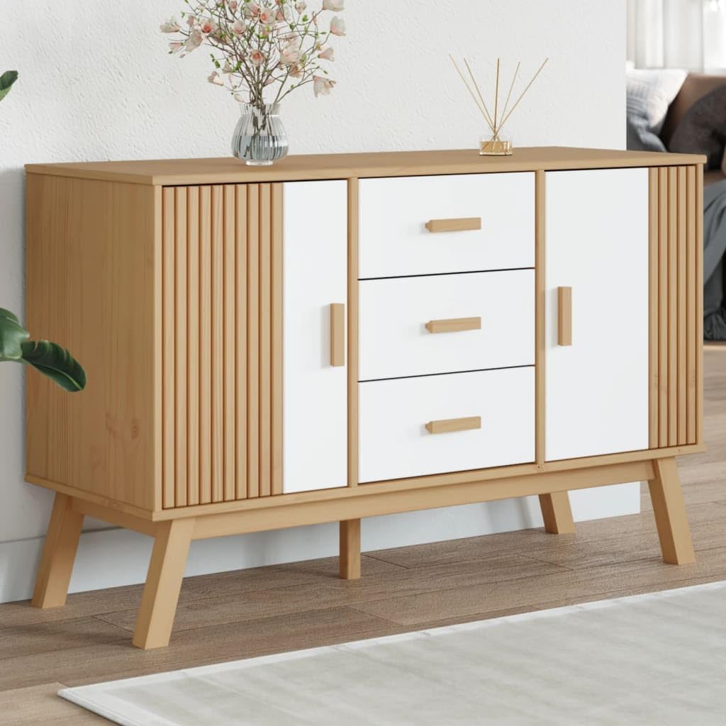 White and Brown Solid Pine Wood Sideboard with Multiple Drawers and Doors for Dining Room Living Room Hallway Storage Modern Scandinavian Design Furniture