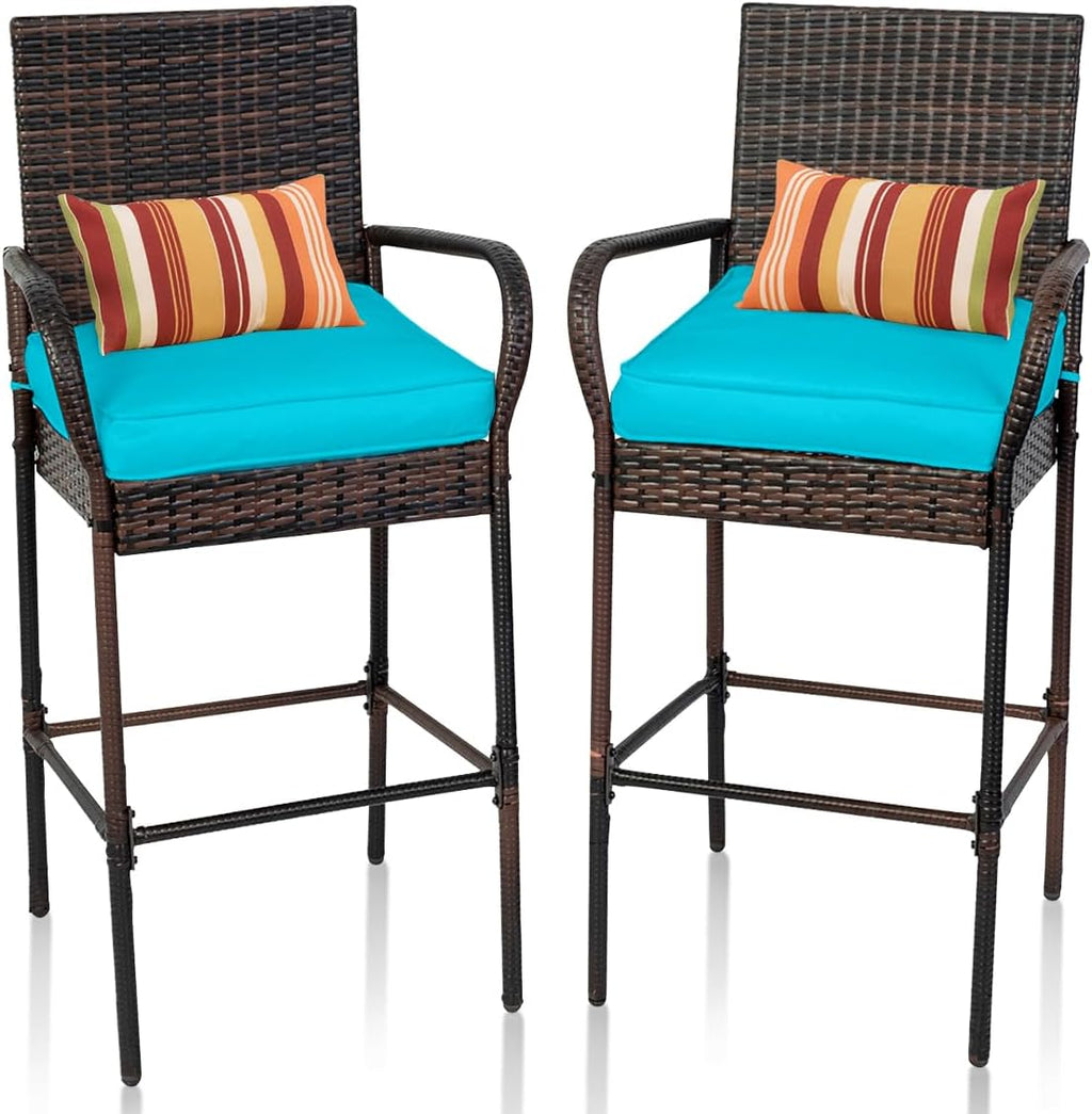 Sundale Outdoor Wicker Bar Stool Set of 2, Patio Counter Height Pub Chair with Arms, High Top Rattan Barstool, Cushion Beige, All-Weather Outdoor Rattan Furniture (Brown&Blue, Small Seat - 2 Stools)