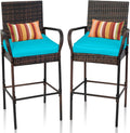 Sundale Outdoor Wicker Bar Stool Set of 2, Patio Counter Height Pub Chair with Arms, High Top Rattan Barstool, Cushion Beige, All-Weather Outdoor Rattan Furniture (Brown&Blue, Small Seat - 2 Stools)