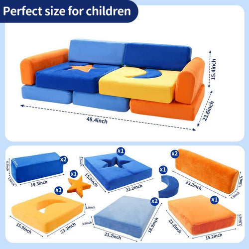11Pcs Modular Kids Play Couch, Indoor Child Sectional Sofa for Toddlers over 1 year old, Kids Couch for Playroom Living Room, Convertible Foam Climbing Blocks Sofa for Boys and Girls, Stars and Moon
