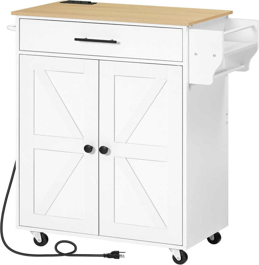 HOOBRO Kitchen Island with Power Outlet, Rolling Kitchen Island with Large Worktop, Kitchen Island Cart with Spice Rack and Drawer, Island Table for Dining Room, White and Natural WN88UZD01