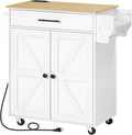 HOOBRO Kitchen Island with Power Outlet, Rolling Kitchen Island with Large Worktop, Kitchen Island Cart with Spice Rack and Drawer, Island Table for Dining Room, White and Natural WN88UZD01