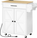 HOOBRO Kitchen Island with Power Outlet, Rolling Kitchen Island with Large Worktop, Kitchen Island Cart with Spice Rack and Drawer, Island Table for Dining Room, White and Natural WN88UZD01