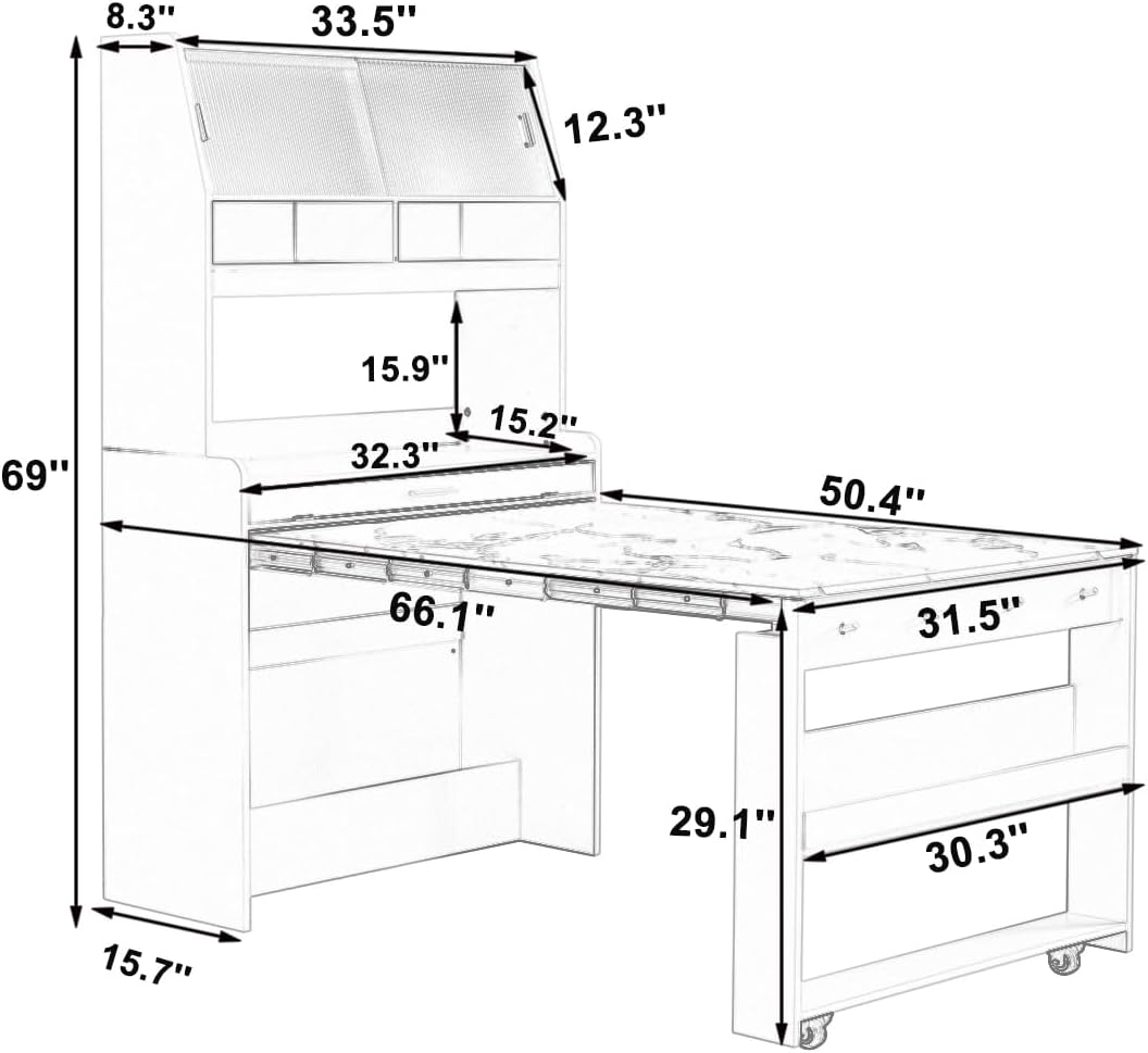 L-Shaped Kitchen Pantry with Hutch and Foldable Dining Table, Sideboard Buffet Cabinet with Sotrage Shelf and Side Hooks, Foldable Cupboard for Kitchen, Dining Room, Walnut