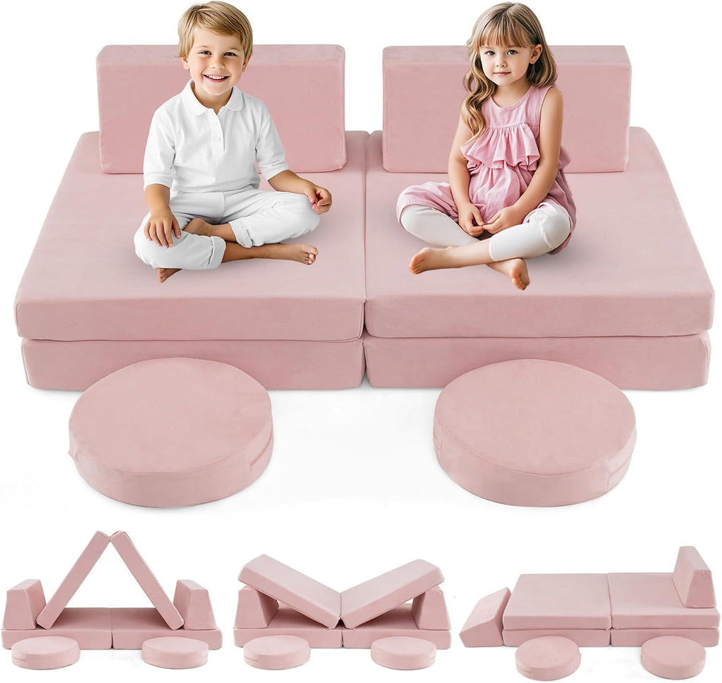 INFANS Modular Kids Play Couch, Toddler Sectional Fort Building Sofa for Playroom, Bedroom, Convertible Soft Foam Furniture Playset and Floor Cushion for Boys and Girls (Pink)