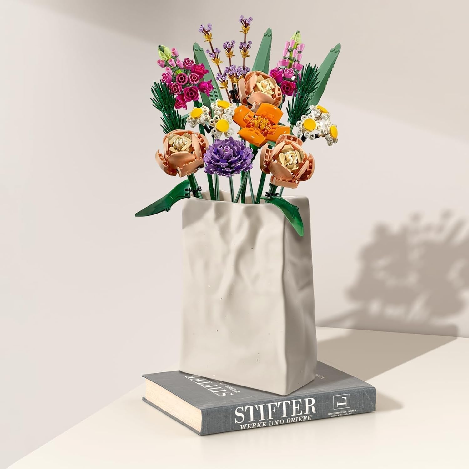 Relexome Paper Bag Vase Crinkle Wide Ceramic Flower Vase Cream White Boho Wabi-Sabi Vases, Cute Home Office Living Room Decor Aesthetic Unique Bookshelf Decorative, Bouquet Gifts for Women Girl 8 Inch
