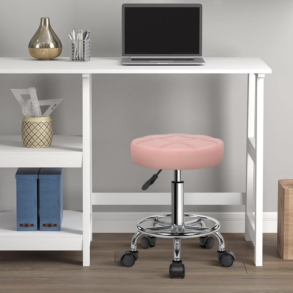 KKTONER Round Rolling Stool Chair PU Leather Height Adjustable Swivel Drafting Work SPA Shop Salon Stools with Wheels Office Chair Small (Pink)