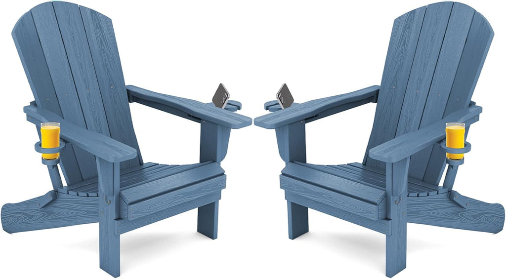 SERWALL Folding Adirondack Chair, HDPE Adirondack Chairs Set of 2, Plastic Outdoor Chairs- Looks Exactly Like Real Wood- Navy