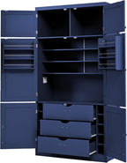 80.1'' Tall Freestanding Kitchen Pantry,Large Shake Style Storage Cabinet Cupboard with 2 Power Outlets,Adjustable Shelves and Door Shelves,for Dining Room (Blue/Power)