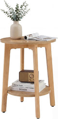 DUMOS Small Round Side Tables for Small Spaces, 2-Tier Boho End Table with Storage Shelf, Sturdy Simple Trending Bedside Nightstand with Non-Slip Pads for Living Room, Bedroom, Natural Wood