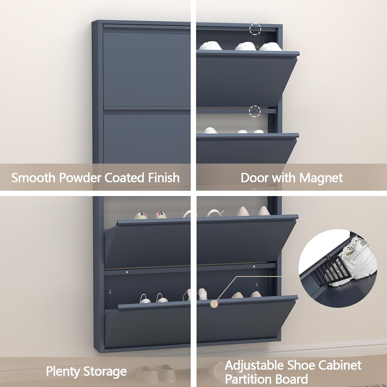 GREATMEET Shoe Cabinet with 4 Flip Drawers, Slim Metal Shoe Cabinet Storage for Entryway, Hidden Narrow Shoe Rack Organizer Cabinets Wall Mount for Living Room, Bedroom, Hallway, Blue