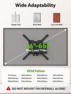 USX MOUNT UL Listed Full Motion TV Mount, Swivel Articulating Tilt TV Wall Mount for 26-65 Inch LED, 4K, Wall Mount Bracket with VESA 400x400mm Up to 77lbs, Perfect Center Design -XMM006-1