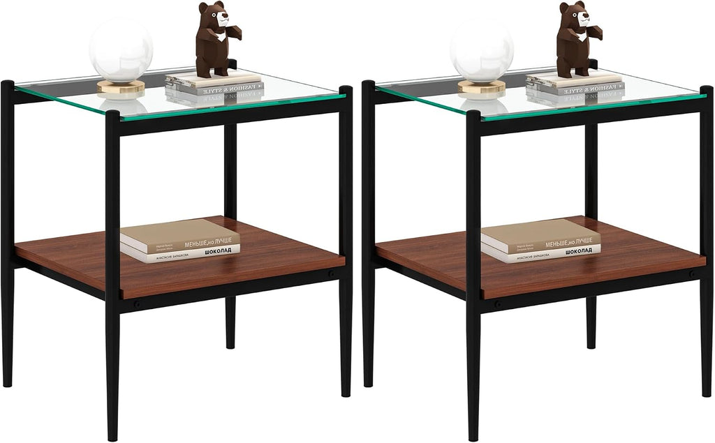 Ywin Rectangle End Table Set of 2, Tempered Glass Tabletop with Layer,Modern Table for Living Room, Bedroom and Office (A)