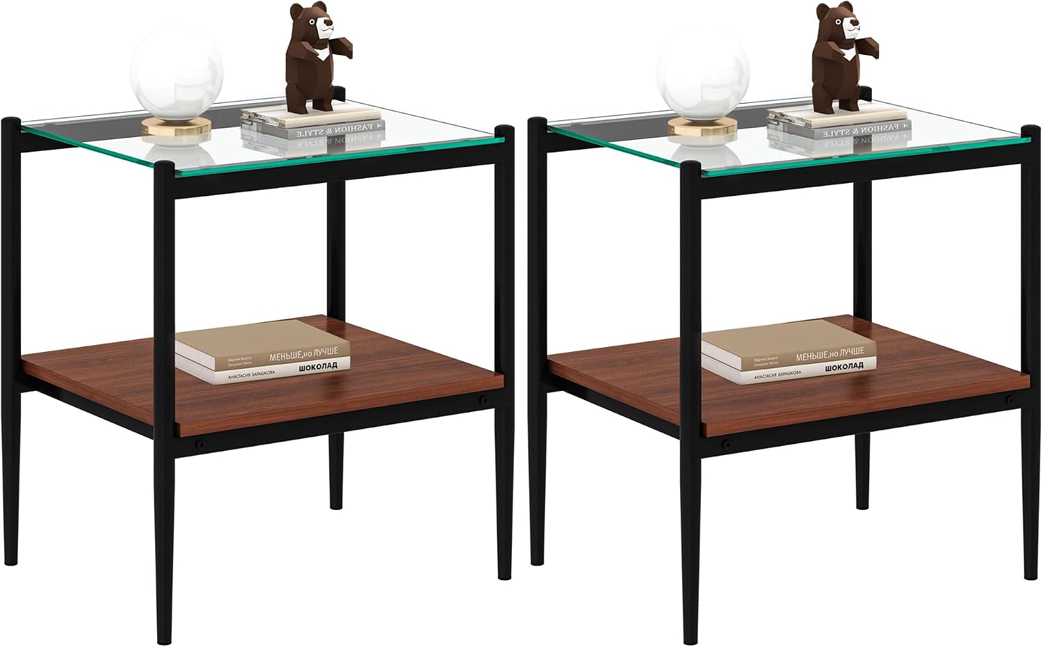Ywin Rectangle End Table Set of 2, Tempered Glass Tabletop with Layer,Modern Table for Living Room, Bedroom and Office (A)