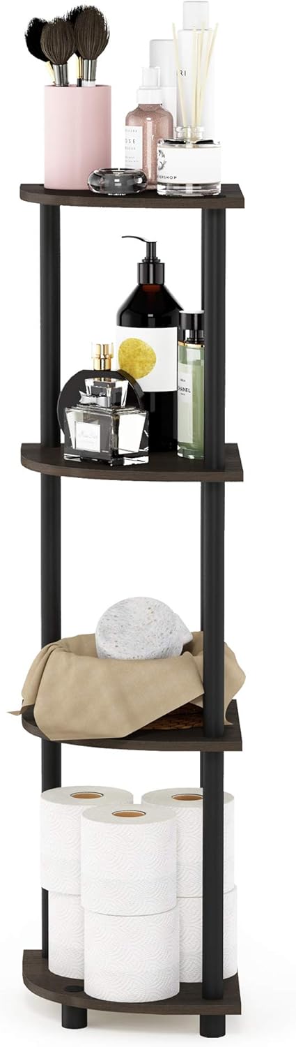 Furinno Turn-N-Tube Toolless Assembly 4-Tier Corner Shelf, Black Corner Book Shelf, Open Shelves Bookshelf, for Organization and Storage, Living Room, Home Office, Bedroom, Brown Grain