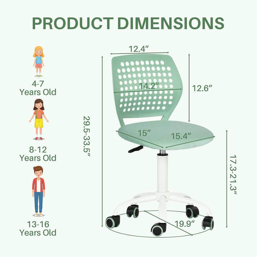 FurnitureR Armless Desk Chair with Wheels, Ergonomic Adjustable Height Swivel Task Chair with Breathable Back and Padded Seat, Rolling Study Computer Seating for Kids Teens, Mint Green