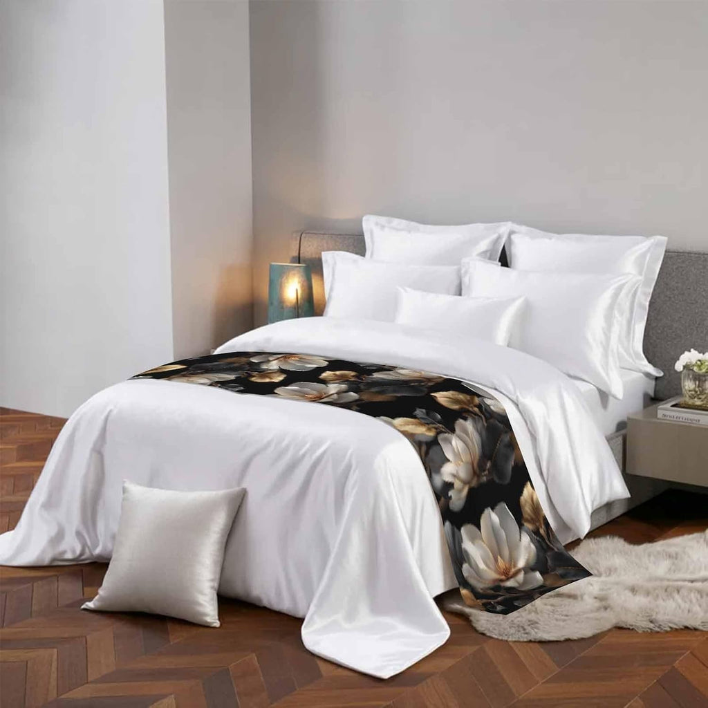 Magnolia Blossoms Bed Runner for King Size Bed, 102"x20" Retro White Floral Black Gold Leaf Branch Luxury Bed Runners & Scarves Decorative Bedding Scarf Protector Slipcover for Home Hotel
