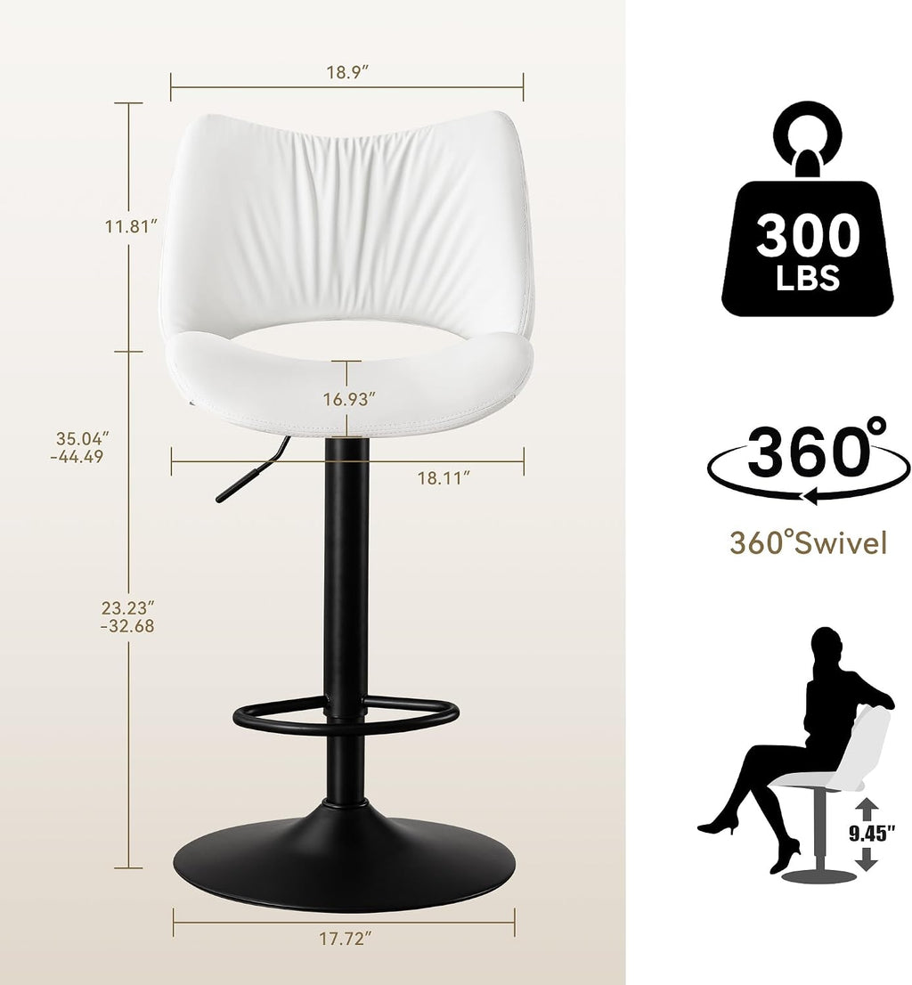 Rowill Bar Stools Set of 2 Modern Counter Height Barstools Swivel Adjustable White Faux Leather Bar Chairs for Kitchen Island with Back and Metal Base