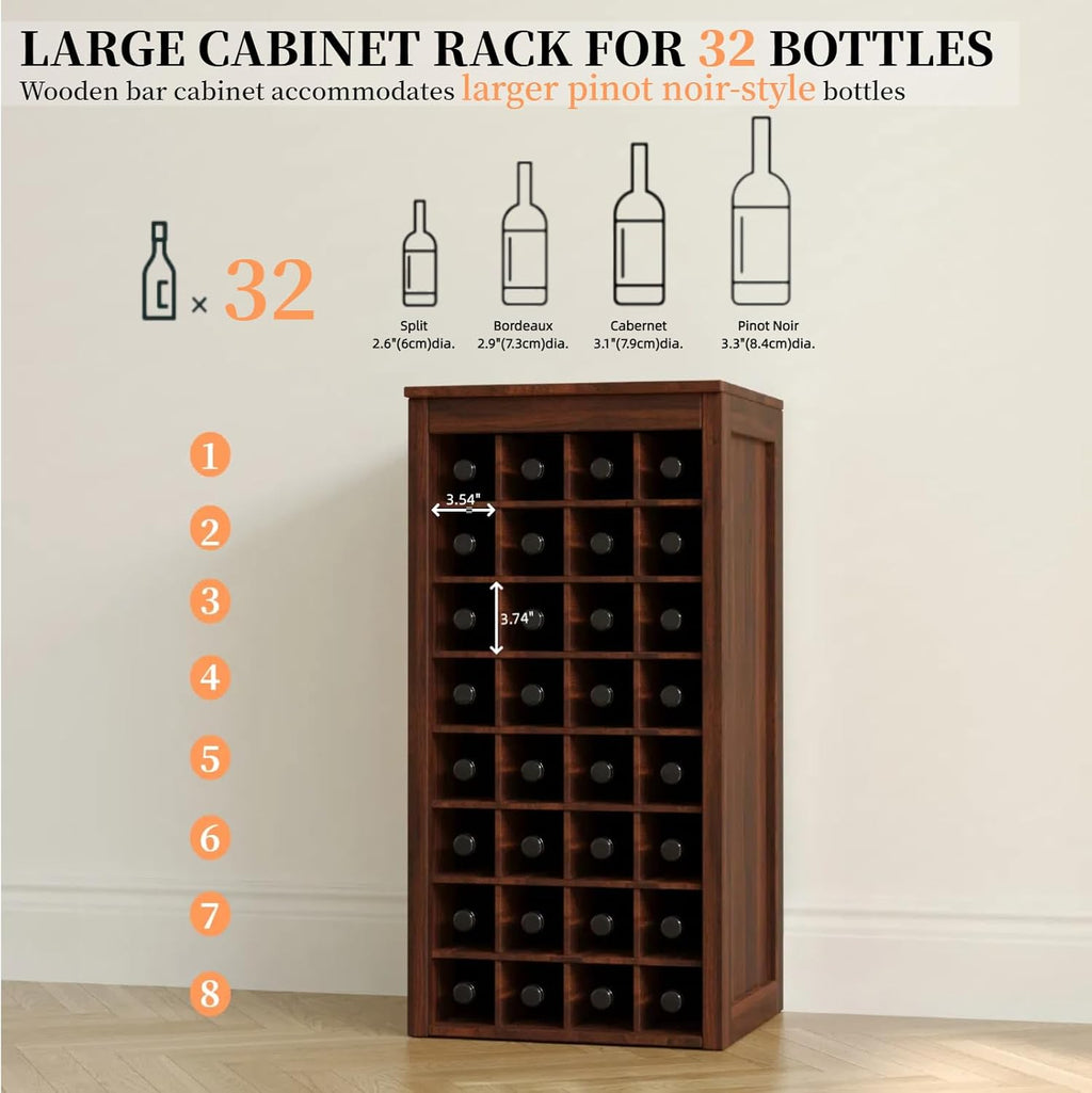 WERSMT 8-Tier Freestanding Wine Rack Wood, 32 Bottles Wine Rack Counter for Small Space, Farmhouse Stackable Modular Wine Bottle Holder Rack, Walnut