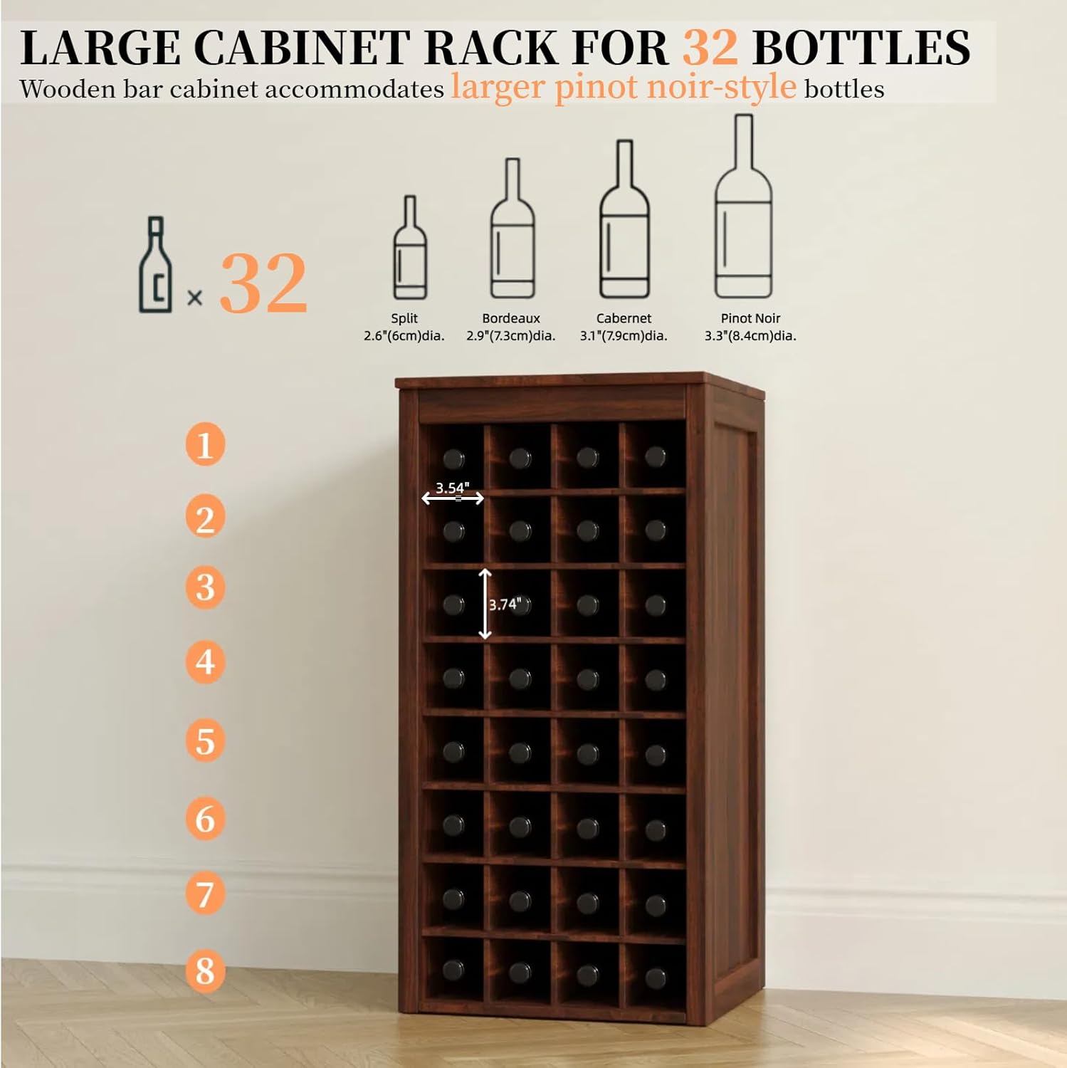 WERSMT 8-Tier Freestanding Wine Rack Wood, 32 Bottles Wine Rack Counter for Small Space, Farmhouse Stackable Modular Wine Bottle Holder Rack, Walnut