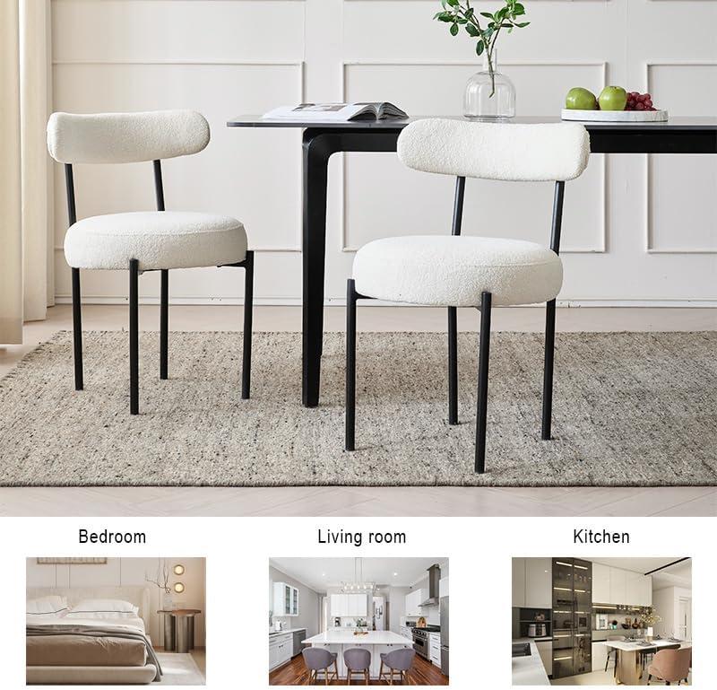 Dining Chairs Set of 2, Boucle Upholstered Modern Mid Century Round Kitchen Chairs with Curved Backrest & Metal Legs for Vanity, Living Room (White-1)