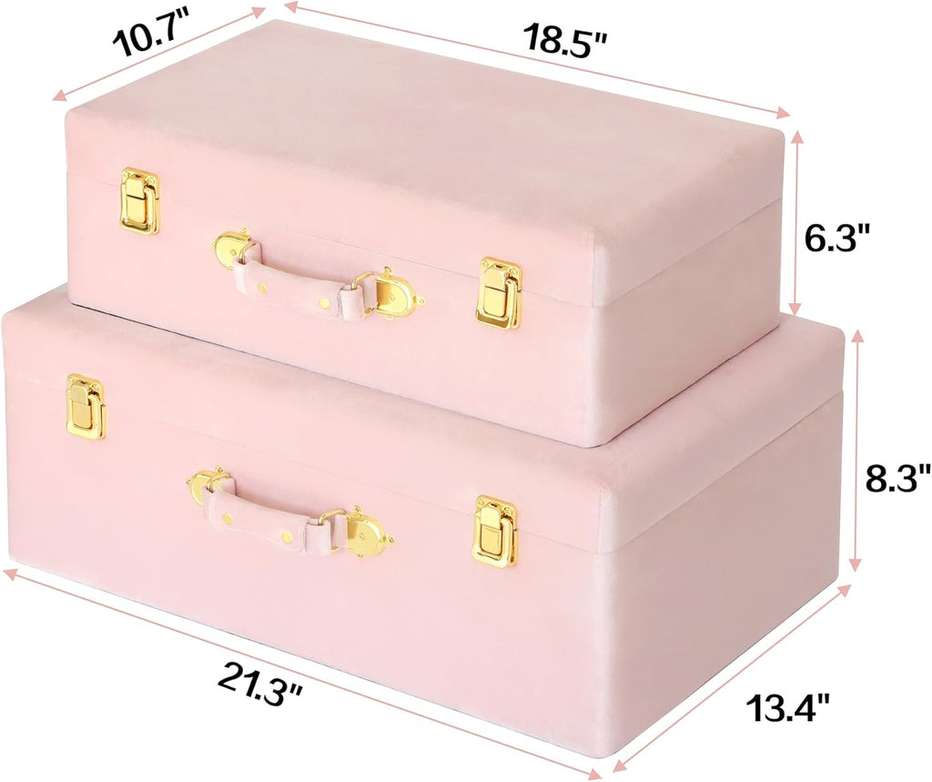 HofferRuffer Velvet Storage Trunks with Wood Frame, Set of 2 Storage Chests with Handles, Bedroom Organizer Nesting Upholstered Decorative Boxes Hinged Lid with Gold Hardware Accents (Pink Trunks)