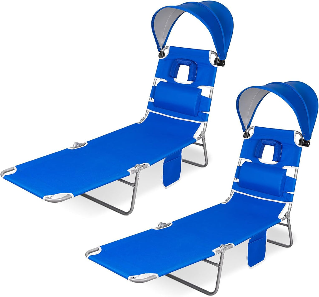 2PK Face-Down Tanning Beach Chair with UPF 50+ Canopy, Adjustable Folding Sunbathing Lounger with Face Hole & Arm Slots, Lightweight Reclining Chair for Beach & Pool, Royal Blue