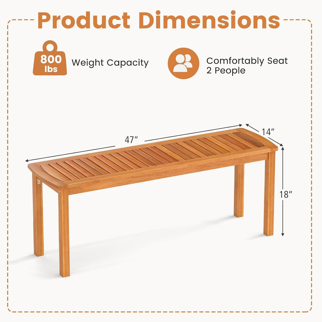 Tangkula Acacia Wood Outdoor Bench, 47" Patio Dining Bench with Slatted Seat, Backless Wooden Garden Bench, Farmhouse Furniture for Garden, Entryway, Poolside, Porch, Balcony, Park & Deck