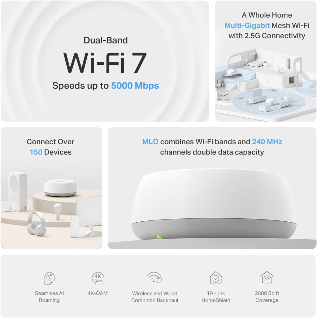 TP-Link Deco 7 BE25 Dual-Band BE5000 WiFi 7 Mesh Wi-Fi Router | 4-Stream, 240 Mhz Channels | Covers up to 2,600 Sq.Ft | 2X 2.5G Ports Wired Backhaul | VPN, MLO, HomeShield, Free Expert Help, 1-Pack