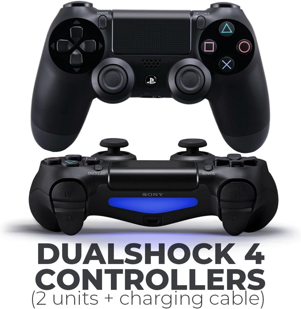 PlayStation 4 Slim 1TB Console Bundle - Includes the PS4 Console Slim 1TB, 2 Dualshock PS4 Wireless Controllers, MicroUSB Charging Cable, HDMI cable, Wired Earbuds and Microfiber Cloth (Renewed)