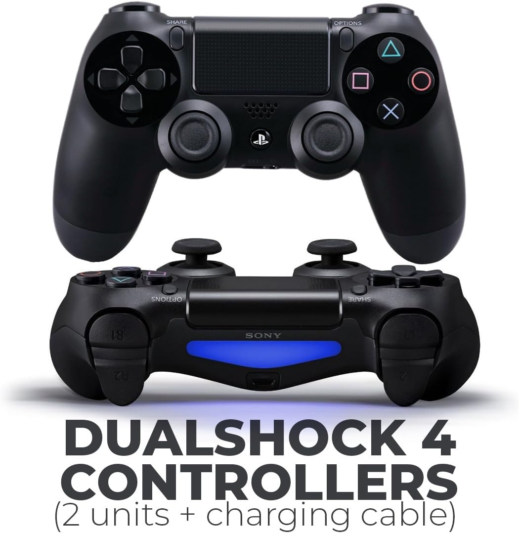 PlayStation 4 Slim 1TB Console Bundle - Includes the PS4 Console Slim 1TB, 2 Dualshock PS4 Wireless Controllers, MicroUSB Charging Cable, HDMI cable, Wired Earbuds and Microfiber Cloth (Renewed)